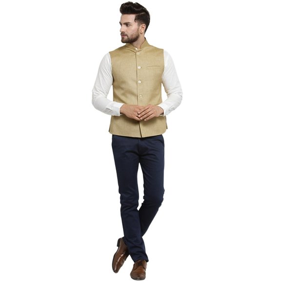 Sleeveless Traditional Jute Fabric Beige Nehru Jacket by Treemoda - Picture 5 of 5